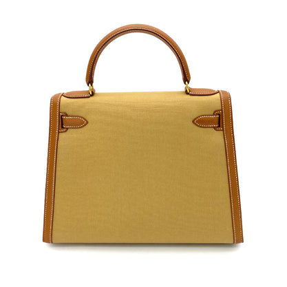 HERMES KELLY 28 GOLD COUCHVEL TOILE HAND SHOULDER BAG 1995 CIRCLE Y GOLD HARDWARE 90252001 - PURPOSE