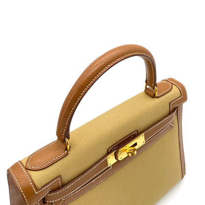 HERMES KELLY 28 GOLD COUCHVEL TOILE HAND SHOULDER BAG 1995 CIRCLE Y GOLD HARDWARE 90252001 - PURPOSE
