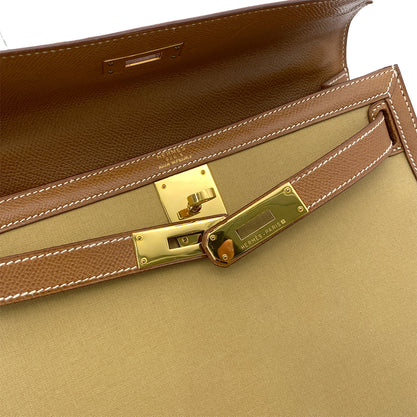HERMES KELLY 28 GOLD COUCHVEL TOILE HAND SHOULDER BAG 1995 CIRCLE Y GOLD HARDWARE 90252001 - PURPOSE