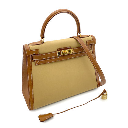 HERMES KELLY 28 GOLD COUCHVEL TOILE HAND SHOULDER BAG 1995 CIRCLE Y GOLD HARDWARE 90252001 - PURPOSE