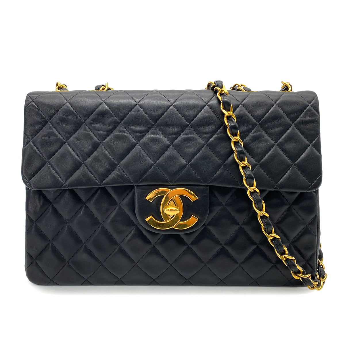 CHANEL VINTAGE MAXI MATELASSE 34 CHAIN SHOULDER BAG BLACK LAMB SKIN 90252002
