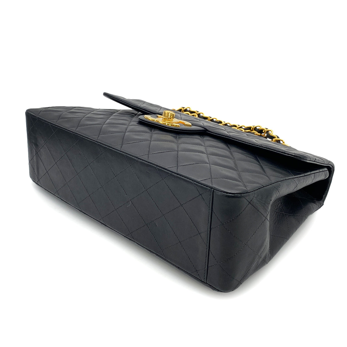 CHANEL VINTAGE MAXI MATELASSE 34 CHAIN SHOULDER BAG BLACK LAMB SKIN 90252002