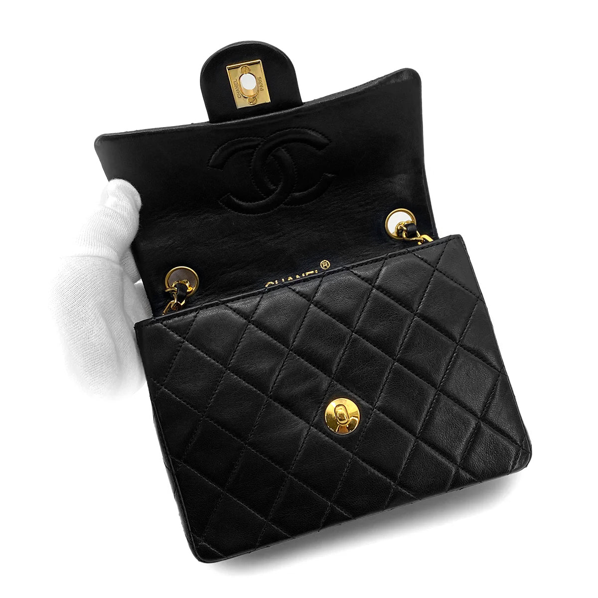 CHANEL VINTAGE MINI SQUARE 17 CHAIN SHOULDER BAG BLACK LAMB SKIN 90252542