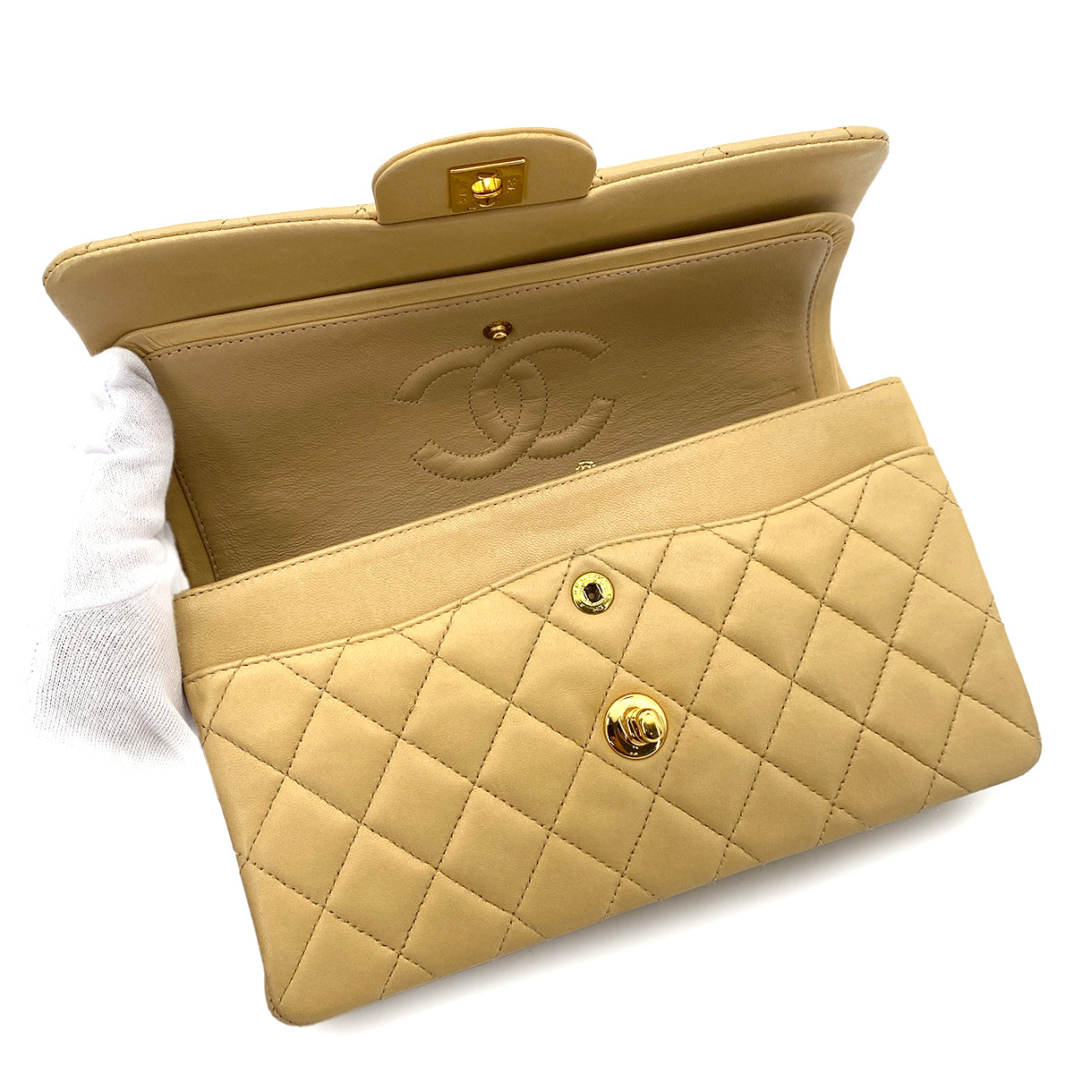 CHANEL VINTAGE CLASSIC FLAP SMALL CHAIN SHOULDER BAG BEIGE LAMB SKIN 90252548