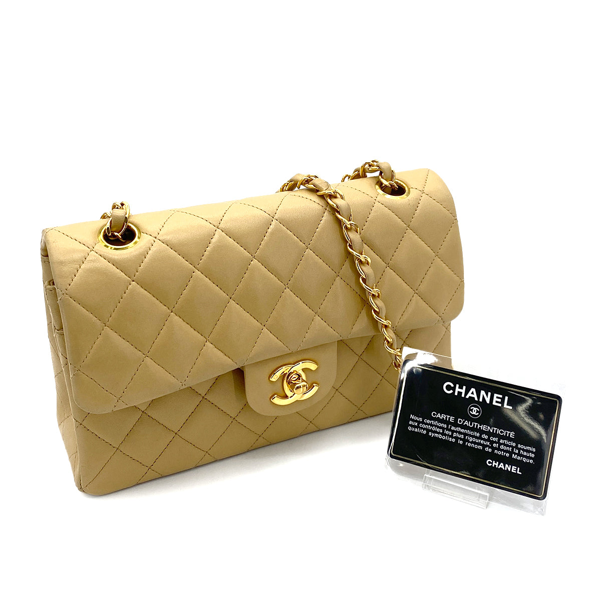 CHANEL VINTAGE CLASSIC FLAP SMALL CHAIN SHOULDER BAG BEIGE LAMB SKIN 90252548