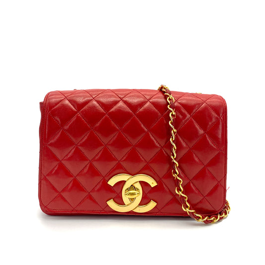 CHANEL VINTAGE BIG COCO MATELASSE CHAIN SHOULDER BAG RED LAMB SKIN 90252550