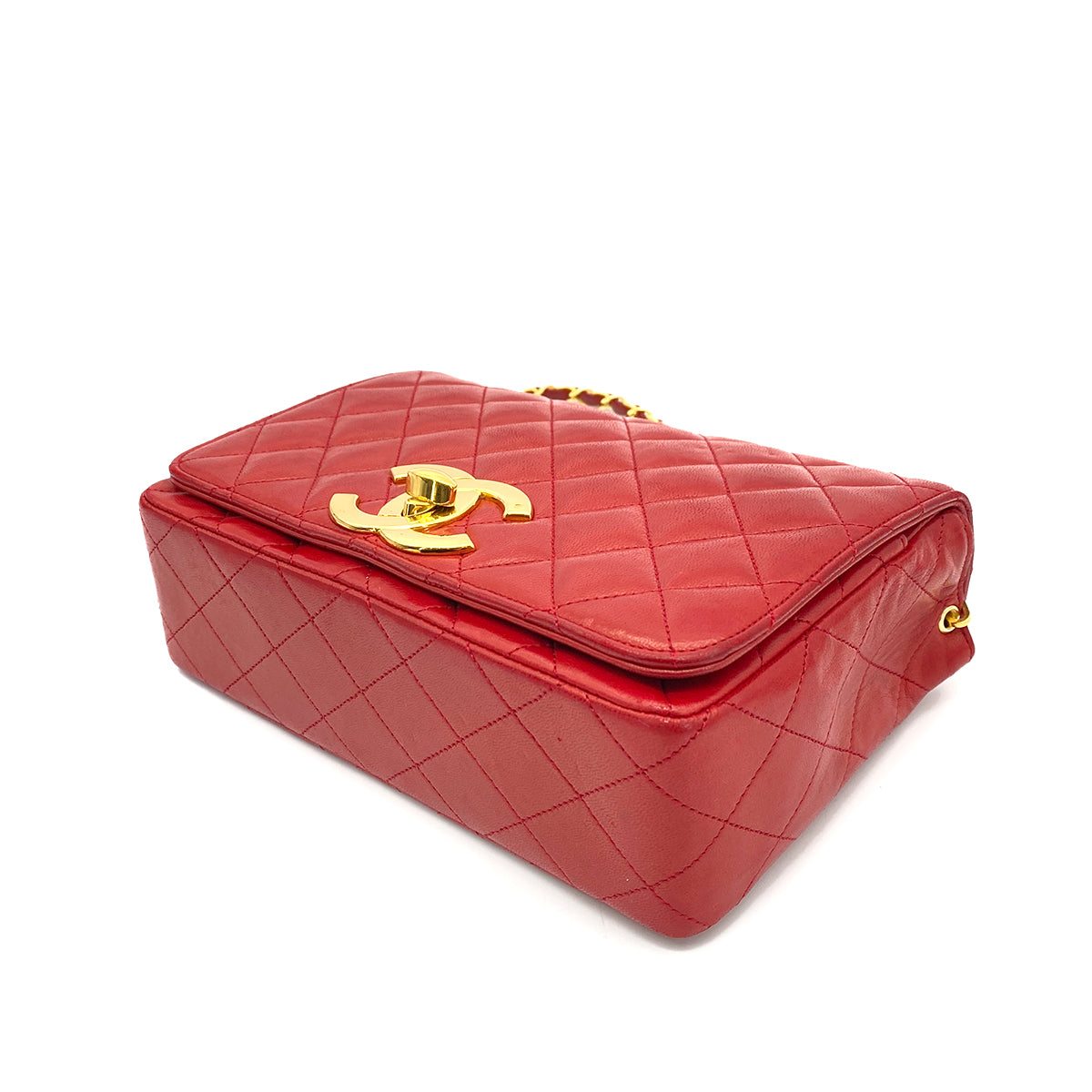 CHANEL VINTAGE BIG COCO MATELASSE CHAIN SHOULDER BAG RED LAMB SKIN 90252550