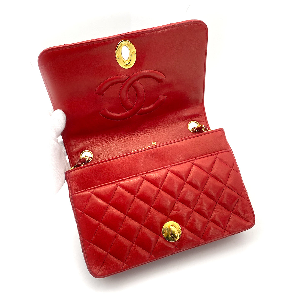 CHANEL VINTAGE BIG COCO MATELASSE CHAIN SHOULDER BAG RED LAMB SKIN 90252550
