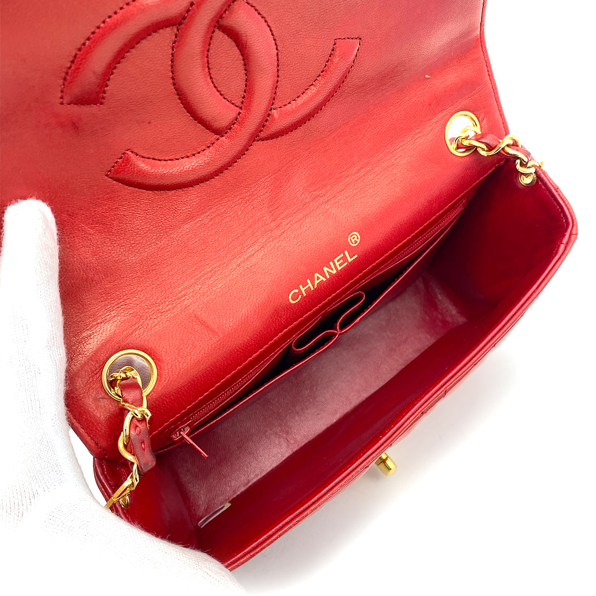 CHANEL VINTAGE BIG COCO MATELASSE CHAIN SHOULDER BAG RED LAMB SKIN 90252550