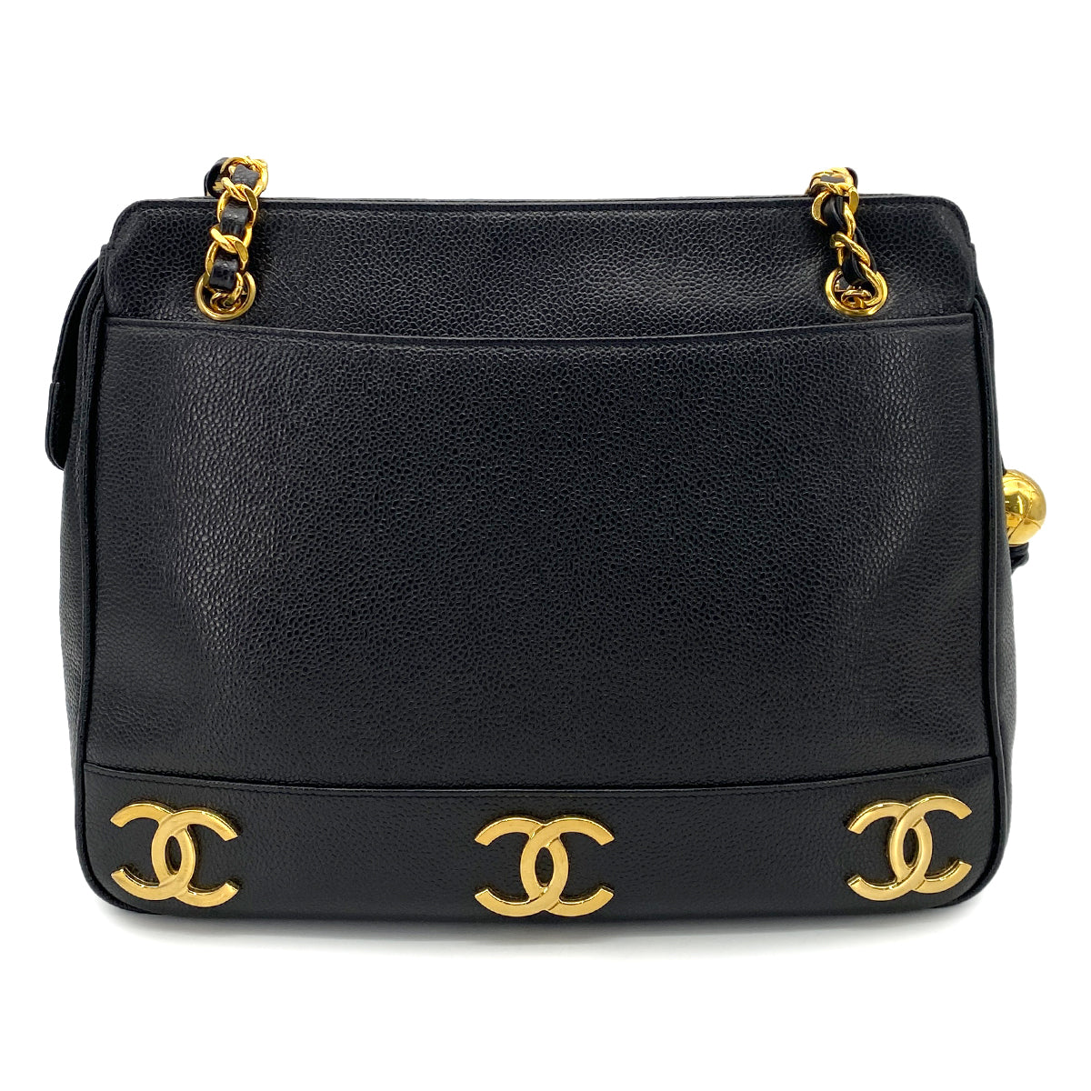 CHANEL VINTAGE TRIPLE COCO CHAIN TOTE BAG BLACK CAVIAR SKIN 90252557