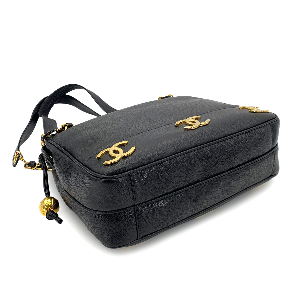 CHANEL VINTAGE TRIPLE COCO CHAIN TOTE BAG BLACK CAVIAR SKIN 90252557