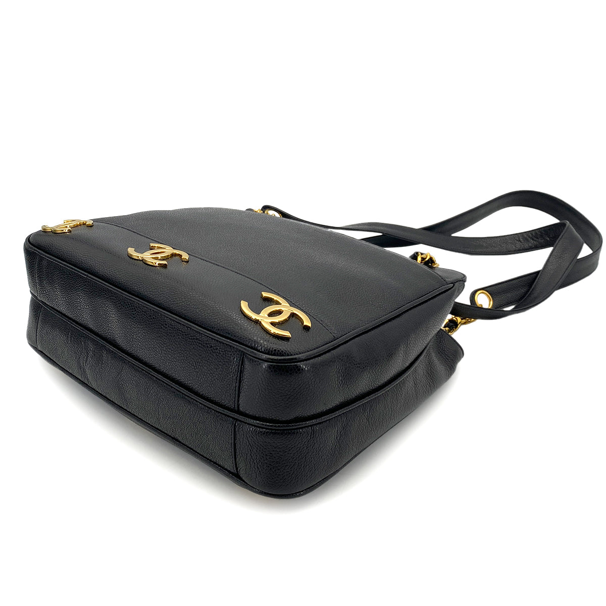 CHANEL VINTAGE TRIPLE COCO CHAIN TOTE BAG BLACK CAVIAR SKIN 90252557