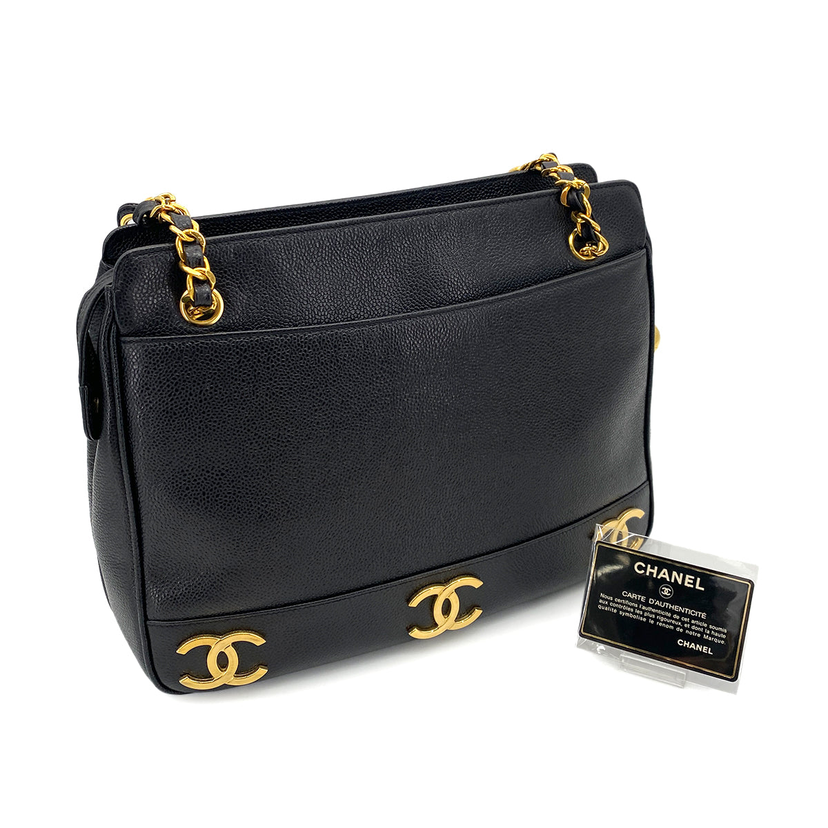 CHANEL VINTAGE TRIPLE COCO CHAIN TOTE BAG BLACK CAVIAR SKIN 90252557