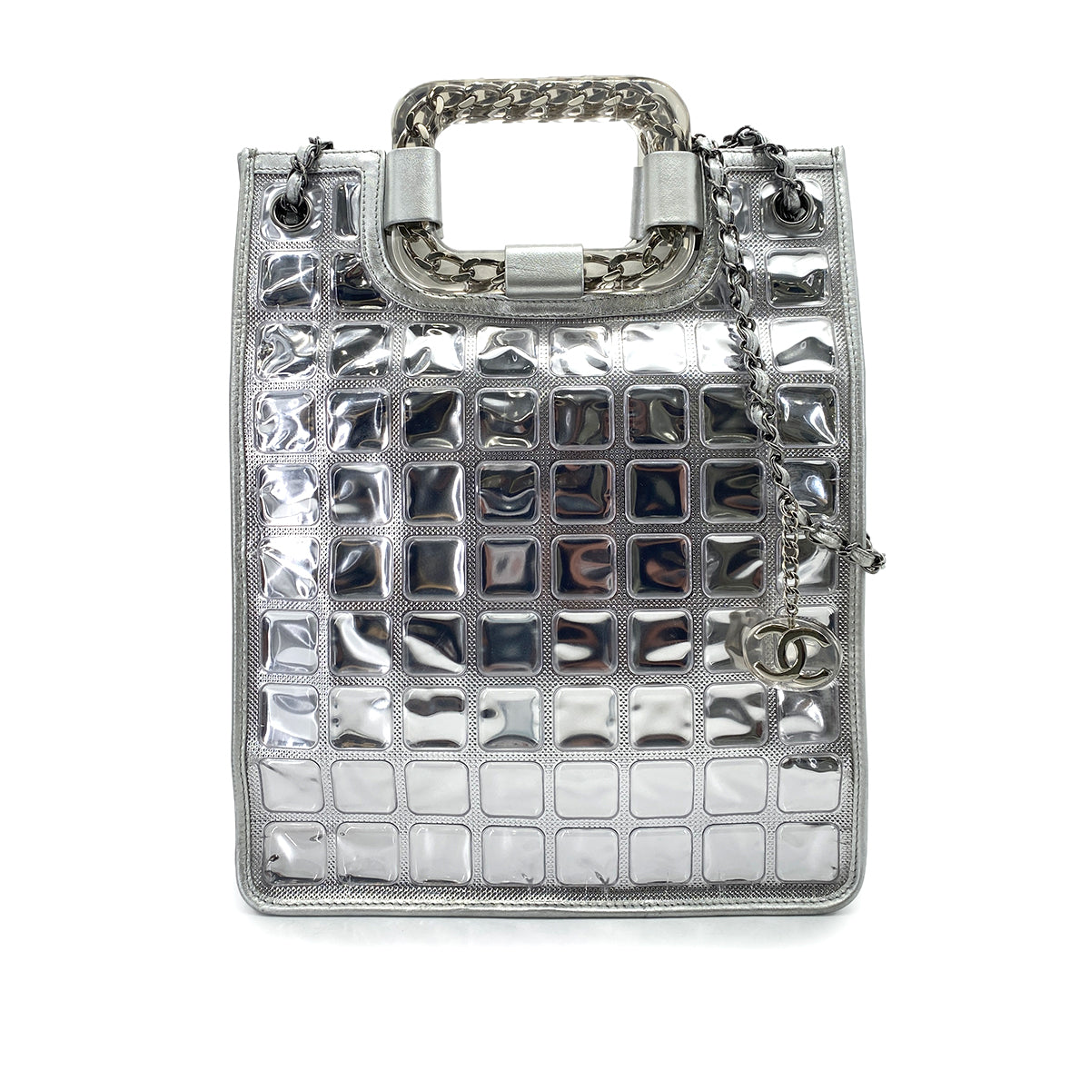 CHANEL VINTAGE ICE CUBE CHAIN HAND SHOULDER BAG SILVER VINYL LEATHER 90252564