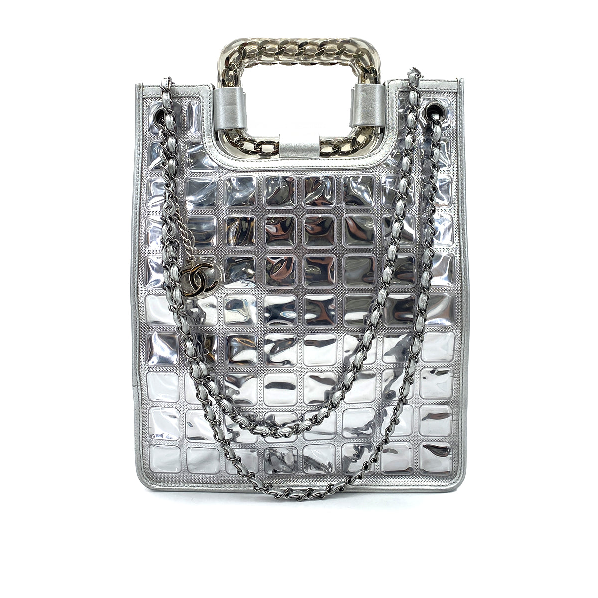 CHANEL VINTAGE ICE CUBE CHAIN HAND SHOULDER BAG SILVER VINYL LEATHER 90252564