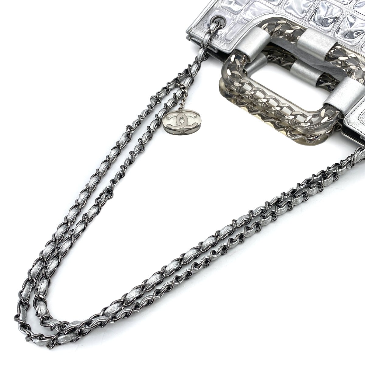 CHANEL VINTAGE ICE CUBE CHAIN HAND SHOULDER BAG SILVER VINYL LEATHER 90252564