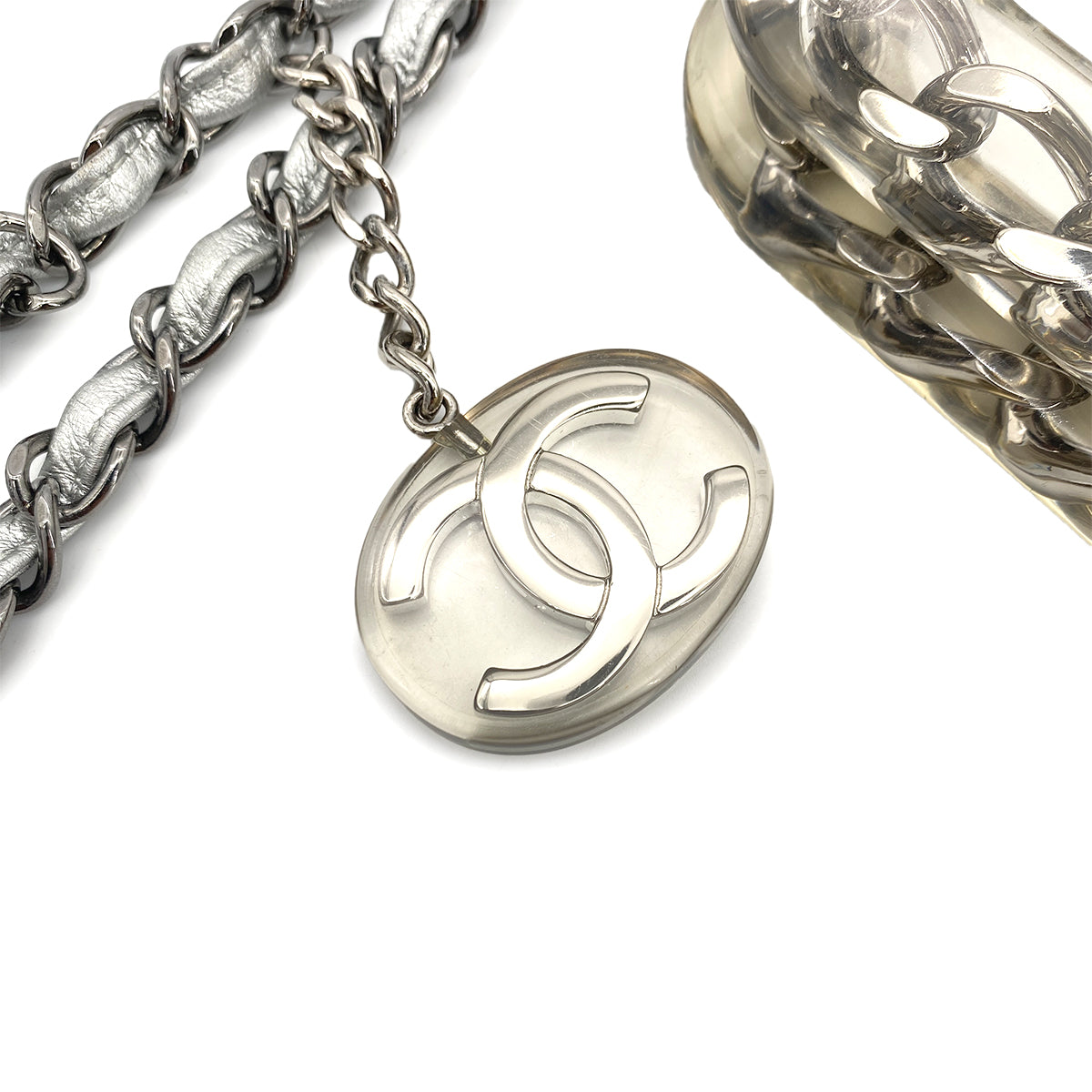 CHANEL VINTAGE ICE CUBE CHAIN HAND SHOULDER BAG SILVER VINYL LEATHER 90252564