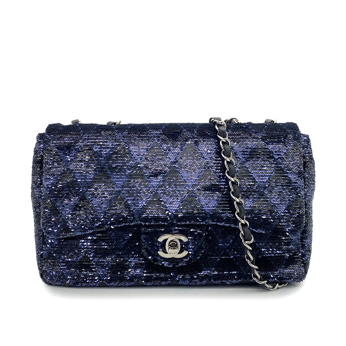 CHANEL CHAIN SHOULDER BAG BLACK NAVY SEQUINS LEATHER 90252966