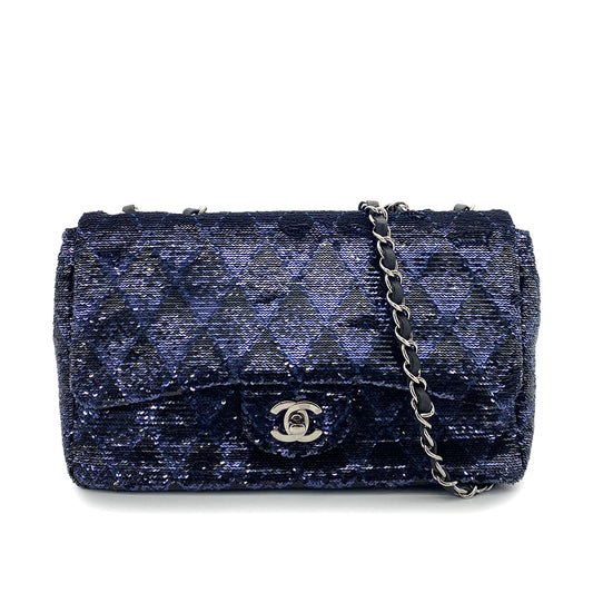 CHANEL CHAIN SHOULDER BAG BLACK NAVY SEQUINS LEATHER 90252966