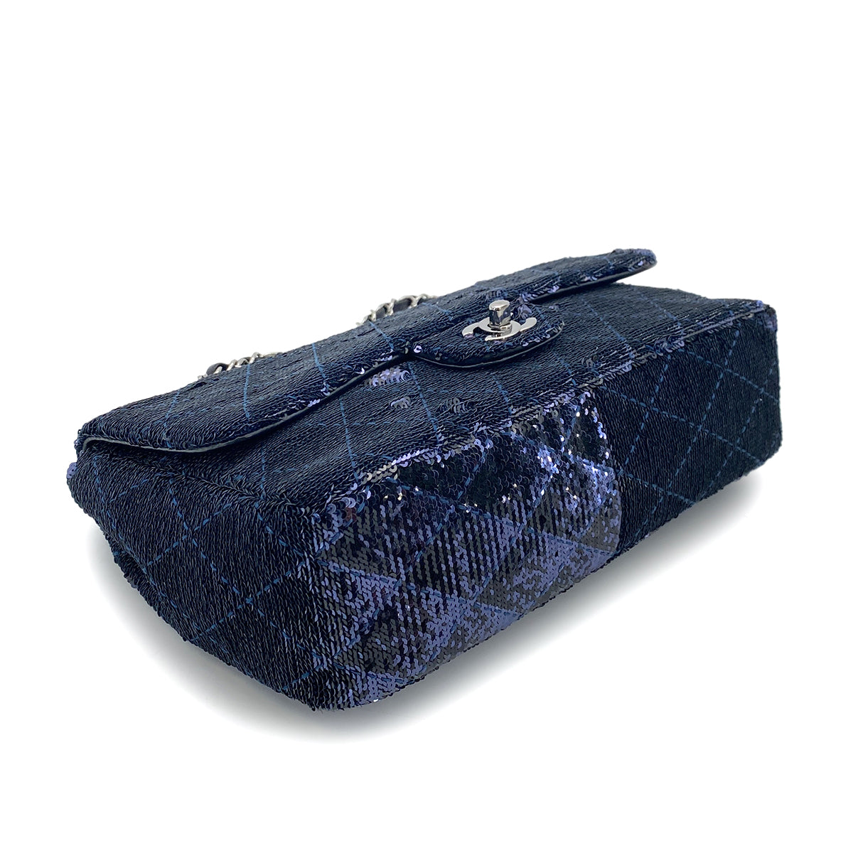 CHANEL CHAIN SHOULDER BAG BLACK NAVY SEQUINS LEATHER 90252966