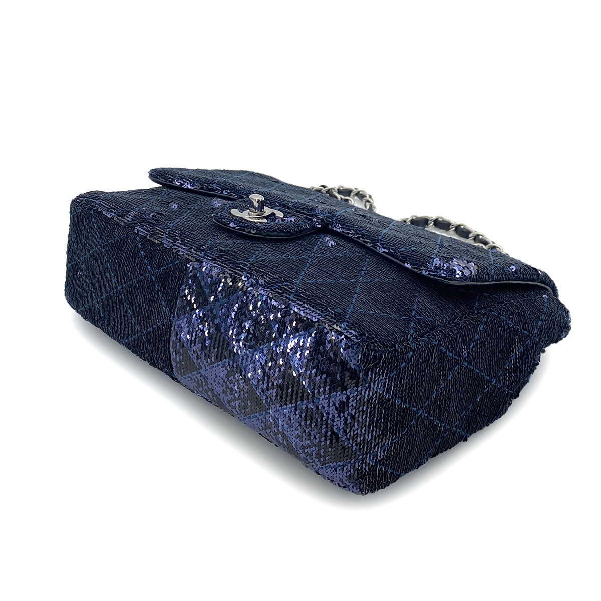 CHANEL CHAIN SHOULDER BAG BLACK NAVY SEQUINS LEATHER 90252966