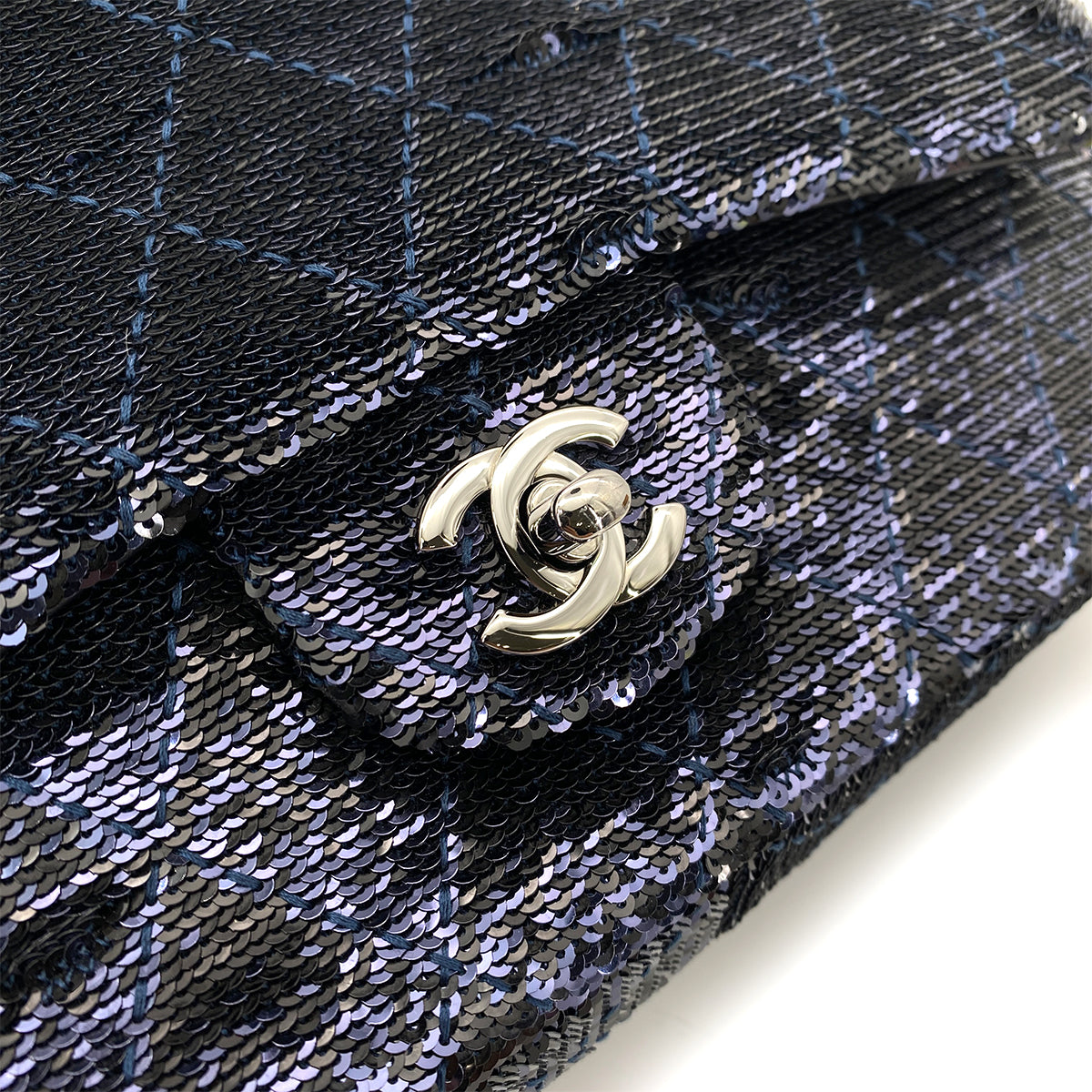CHANEL CHAIN SHOULDER BAG BLACK NAVY SEQUINS LEATHER 90252966
