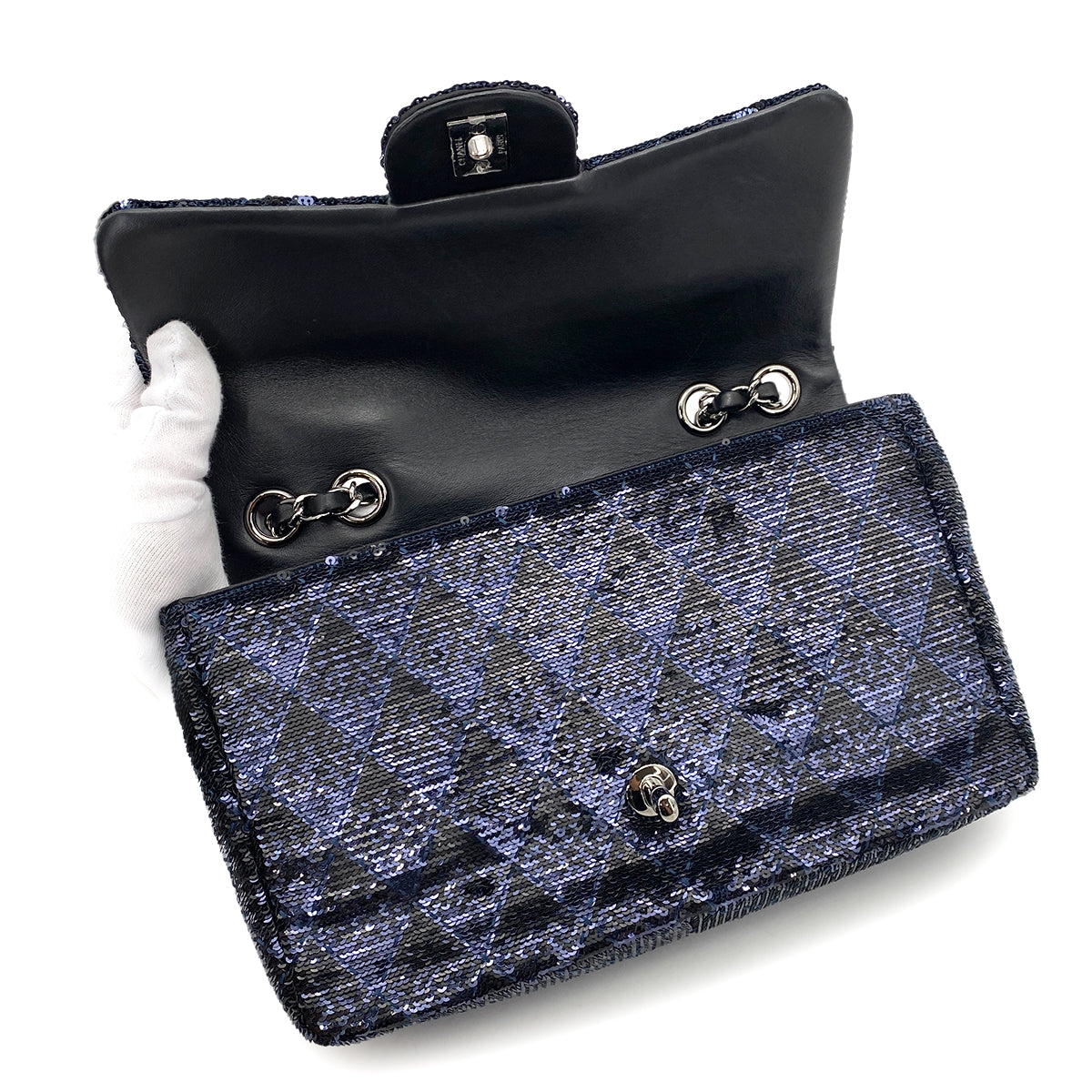 CHANEL CHAIN SHOULDER BAG BLACK NAVY SEQUINS LEATHER 90252966