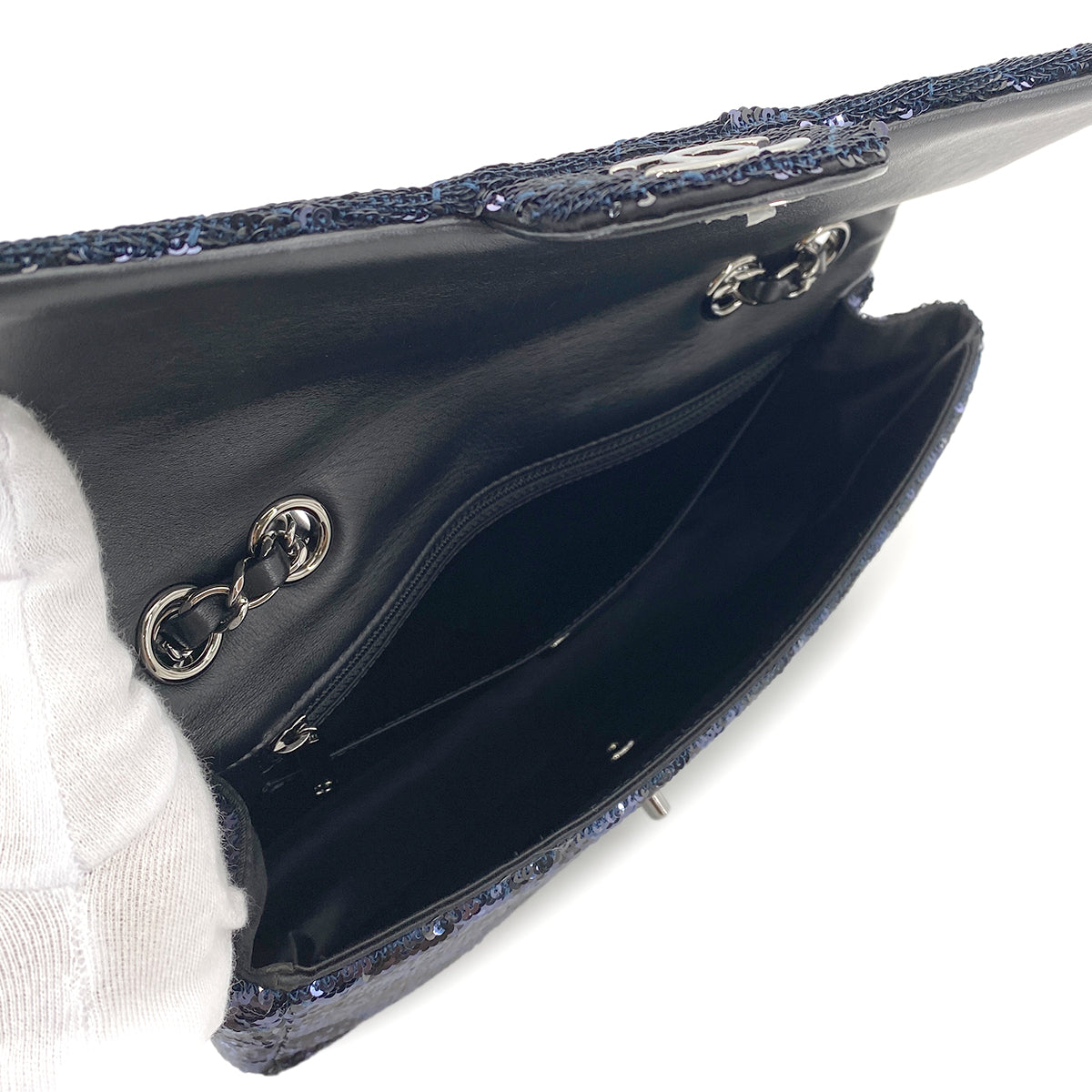 CHANEL CHAIN SHOULDER BAG BLACK NAVY SEQUINS LEATHER 90252966