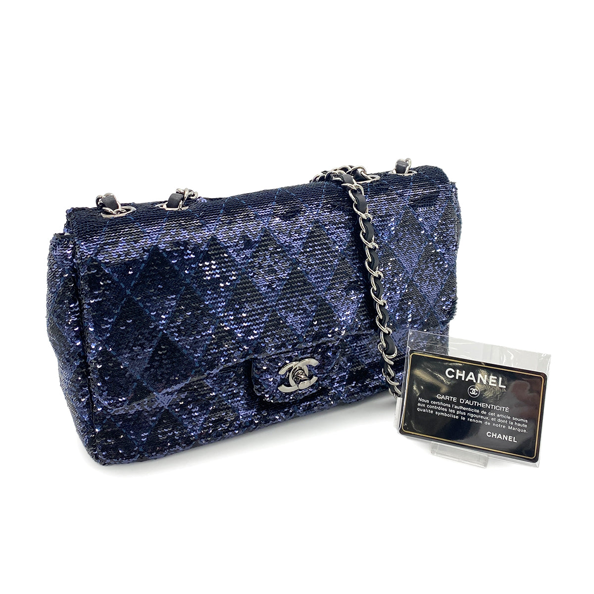 CHANEL CHAIN SHOULDER BAG BLACK NAVY SEQUINS LEATHER 90252966