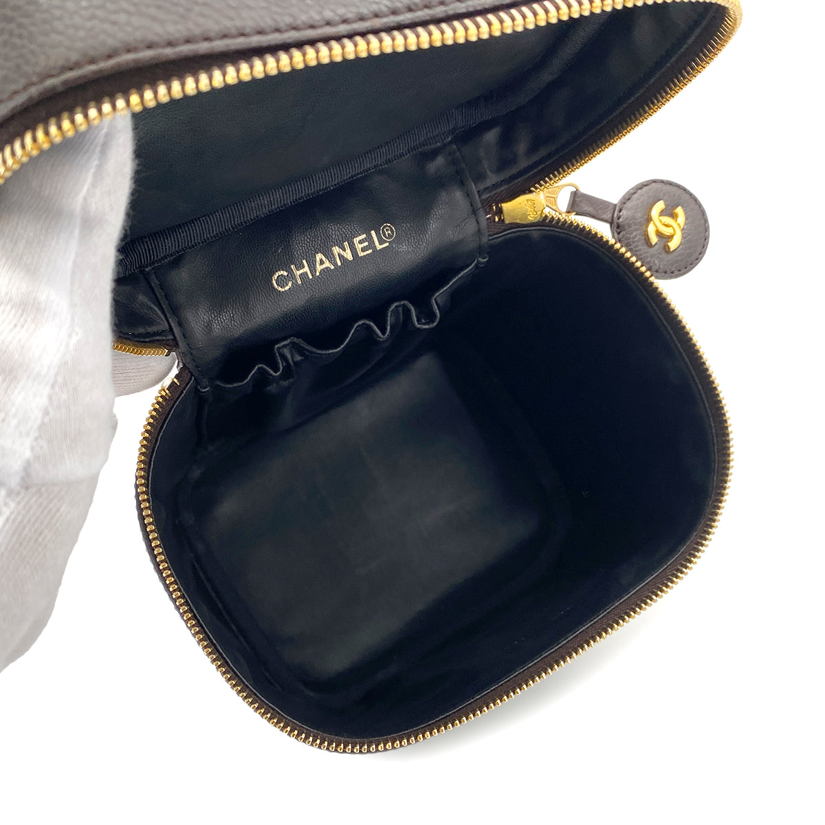 CHANEL VINTAGE VANITY HAND BAG DARK BROWN CAVIAR SKIN 90252967