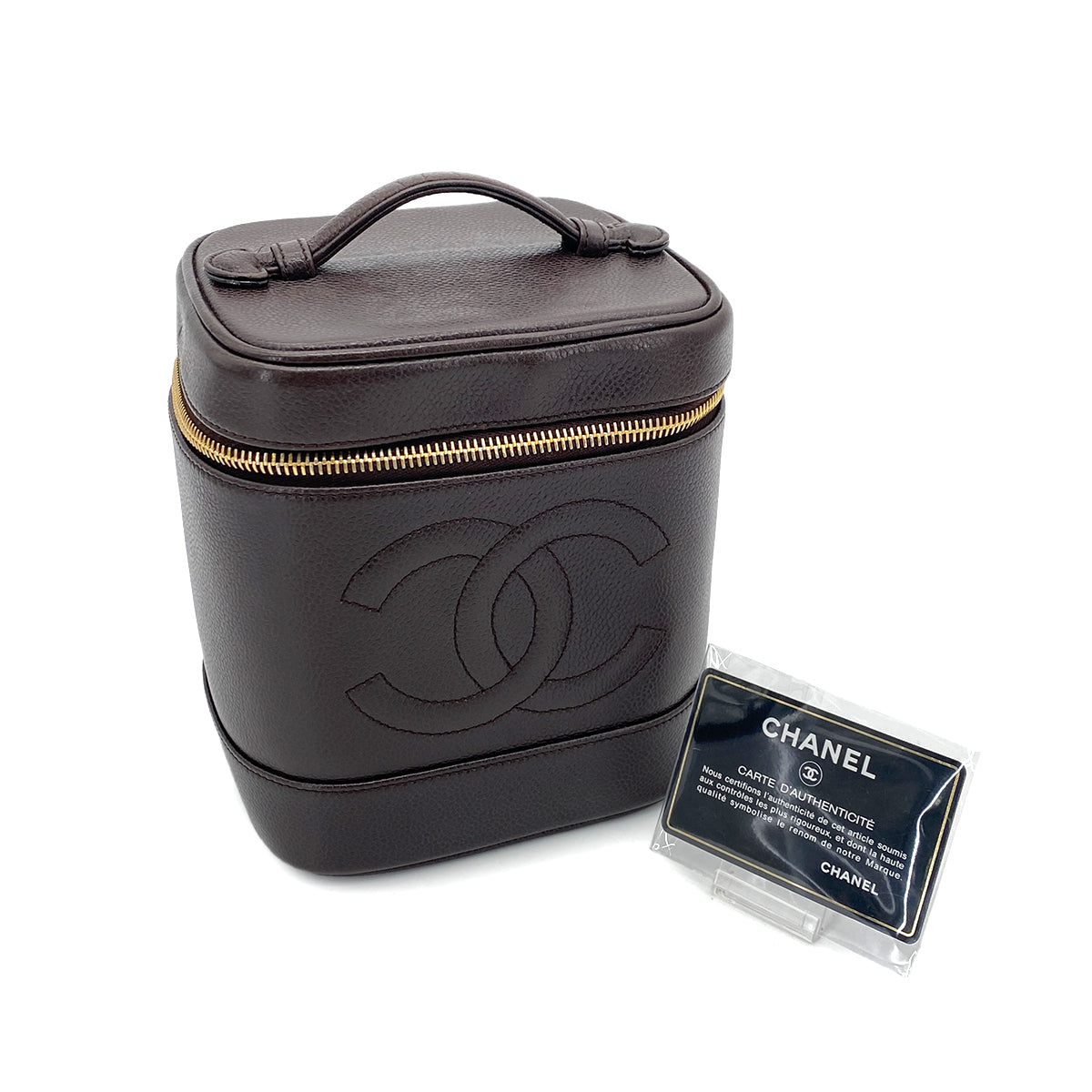 CHANEL VINTAGE VANITY HAND BAG DARK BROWN CAVIAR SKIN 90252967