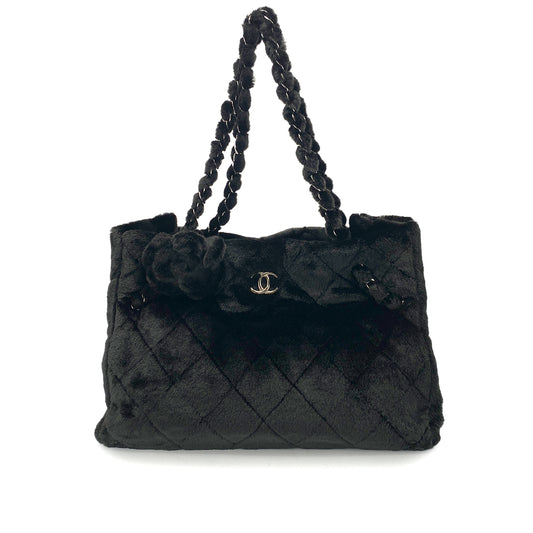 CHANEL CAMELLIA CHAIN TOTE BAG BLACK FANTASY FUR 90252968