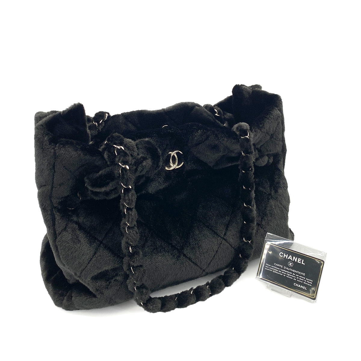 CHANEL CAMELLIA CHAIN TOTE BAG BLACK FANTASY FUR 90252968