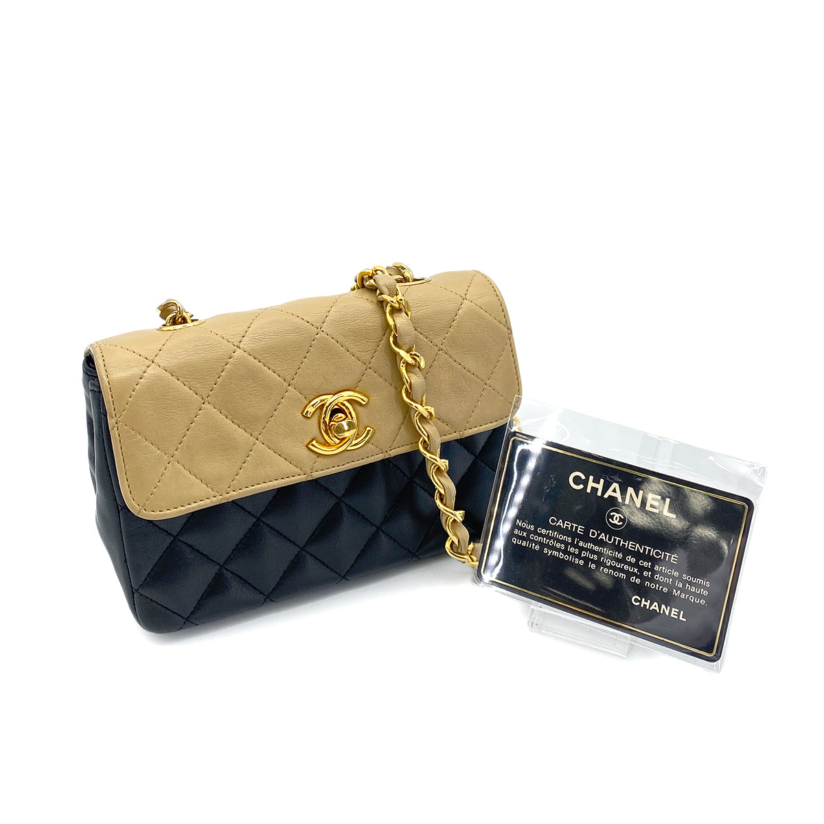 CHANEL VINTAGE MATELASSE MINI CHAIN SHOULDER BAG BYCOLOR BEIGE BLACK LAMB SKIN 90252978