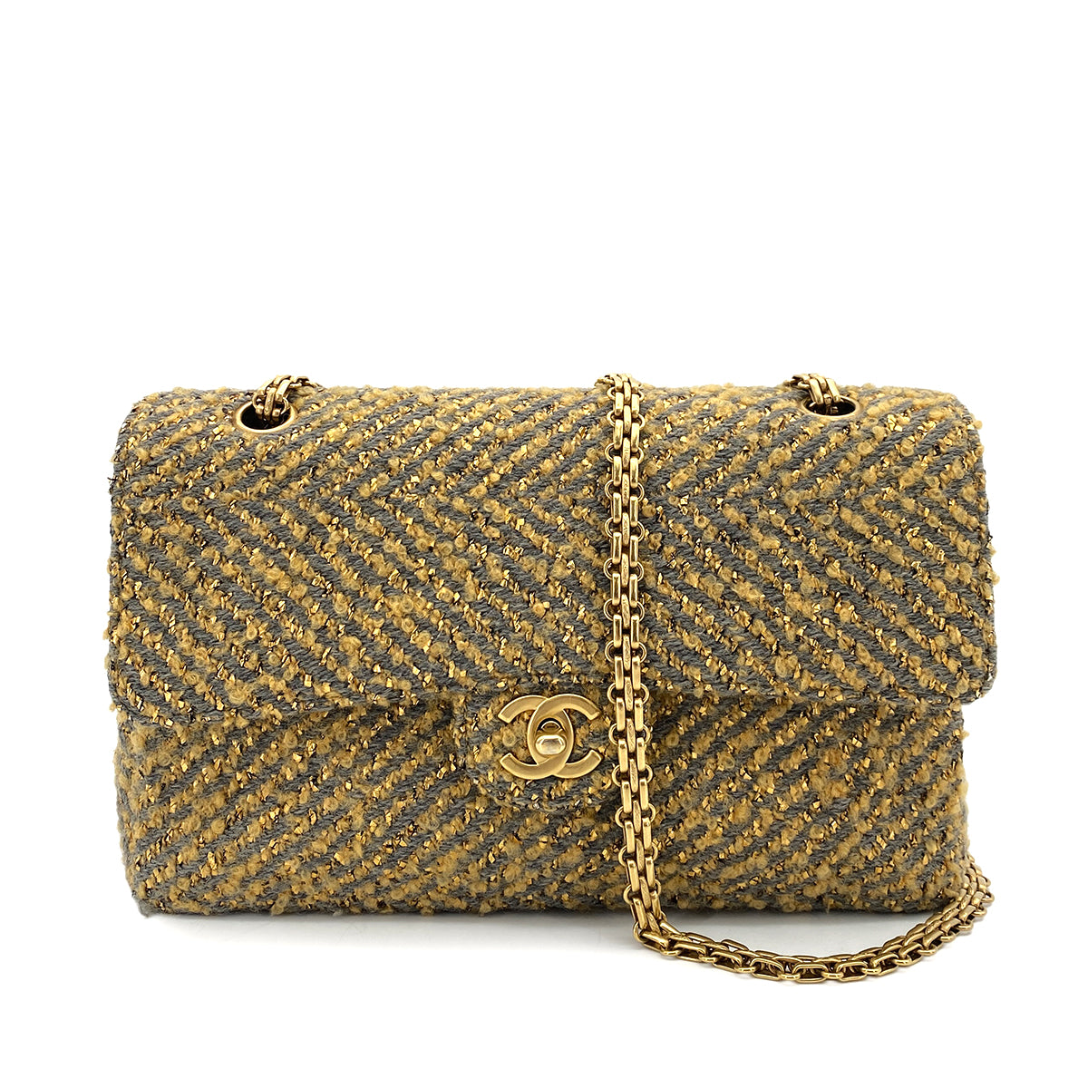 CHANEL VINTAGE CLASSIC FLAP MEDIUM CHAIN SHOULDER BAG BEIGE GRAY TWEED 90252982