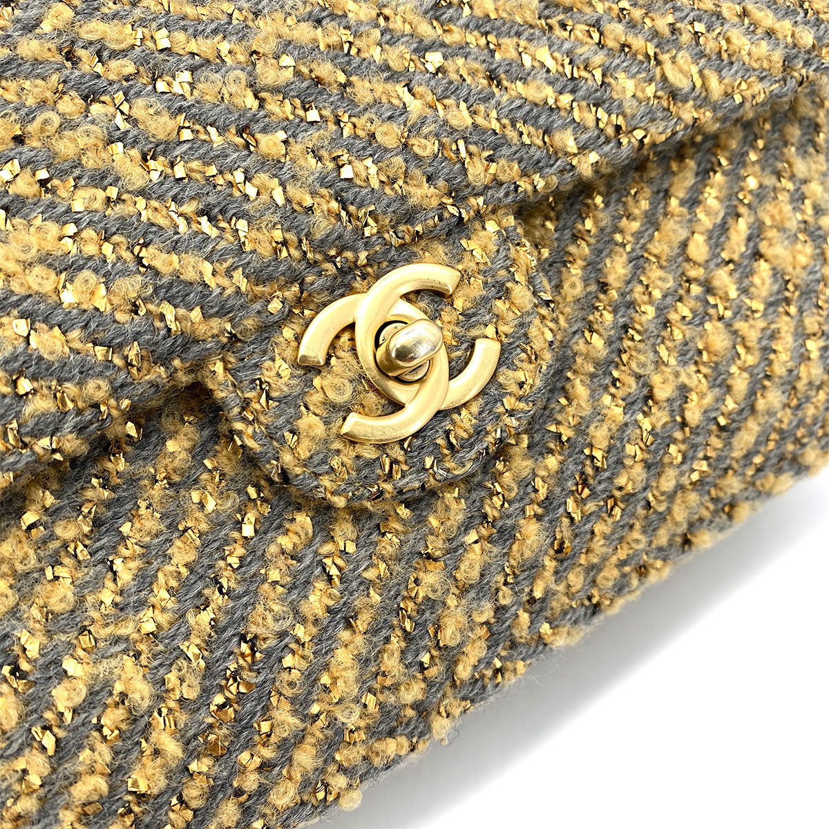 CHANEL VINTAGE CLASSIC FLAP MEDIUM CHAIN SHOULDER BAG BEIGE GRAY TWEED 90252982