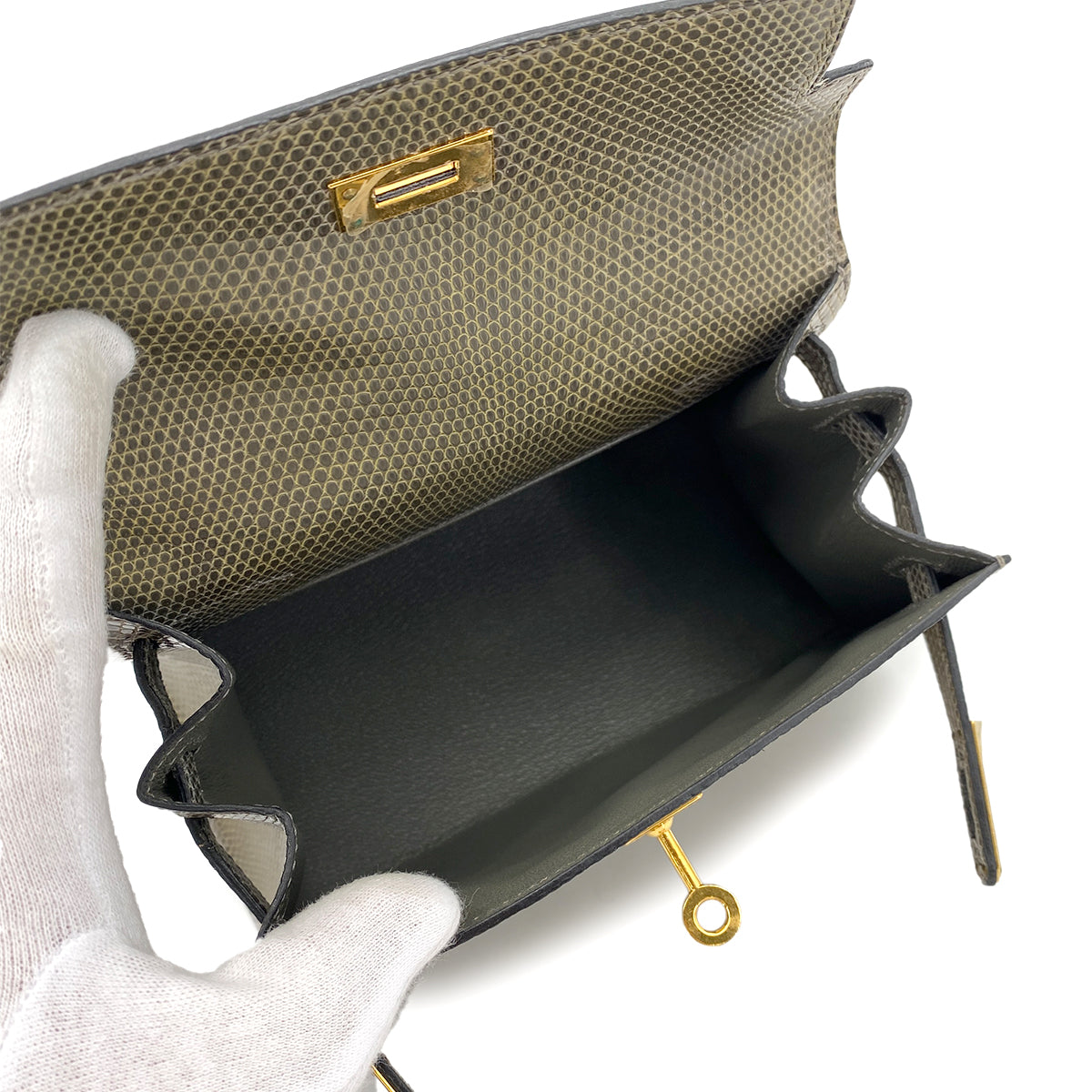 HERMES MINI KELLY HAND SHOULDER BAG KAHKI TYPE LIZARD □J GHW 90253382