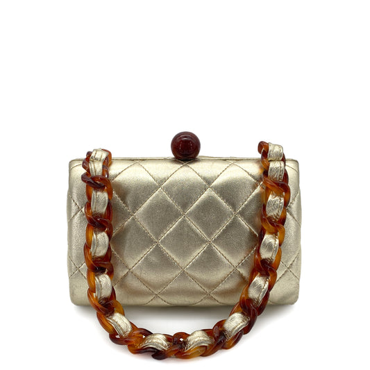 CHANEL VINTAGE TORTOISESHELL MOTIF CHAIN HAND BAG LAMB SKIN GOLD 90253392