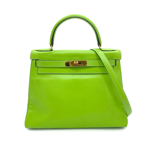 HERMES KELLY 28 RETOURNE APPLE GREEN VEAU GULLOVER HAND SHOULDER BAG 〇X 90253606