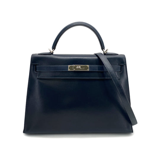 HERMES KELLY 32 SELLIER BLUE INDIGO BOXCALF HAND SHOULDER BAG □Q SHW 90253613