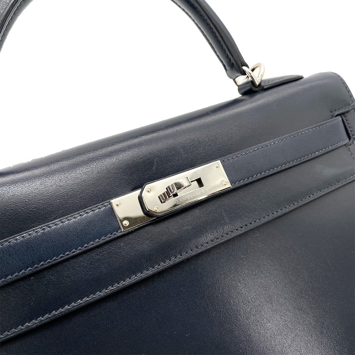 HERMES KELLY 32 SELLIER BLUE INDIGO BOXCALF HAND SHOULDER BAG □Q SHW 90253613
