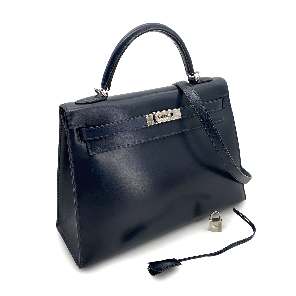 HERMES KELLY 32 SELLIER BLUE INDIGO BOXCALF HAND SHOULDER BAG □Q SHW 90253613