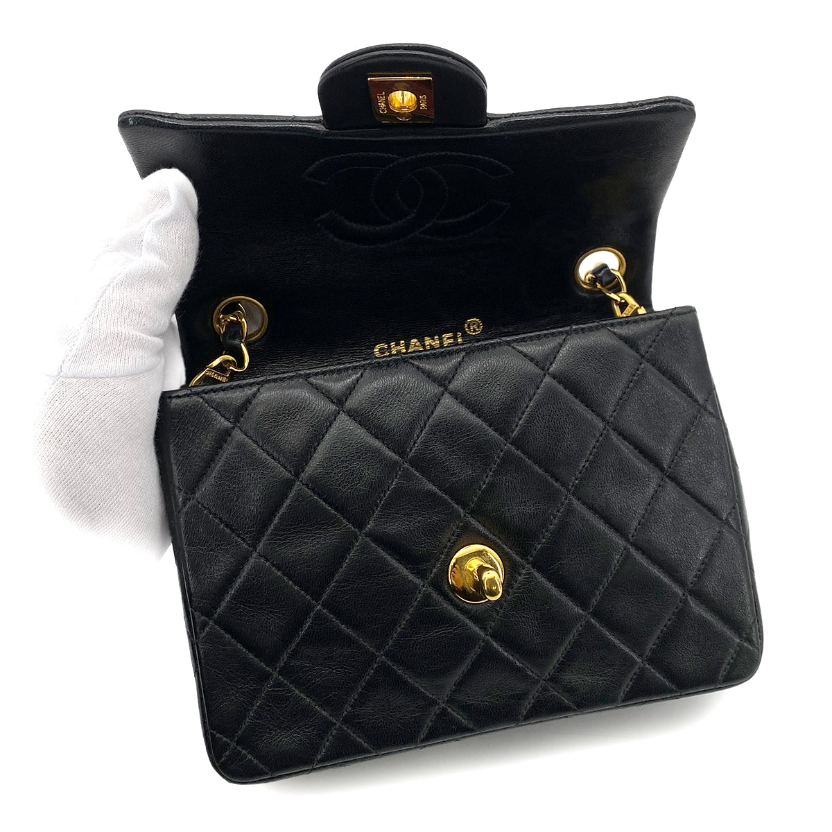 CHANEL VINTAGE MINI SQUARE 17 CHAIN SHOULDER BAG BLACK LAMB SKIN 90253628