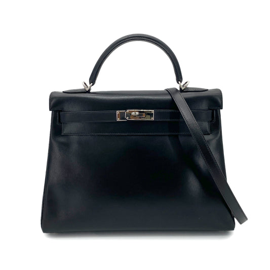 HERMES KELLY 32 RETOURNE BLACK BOXCALF HAND SHOULDER BAG □F SHW 90253756