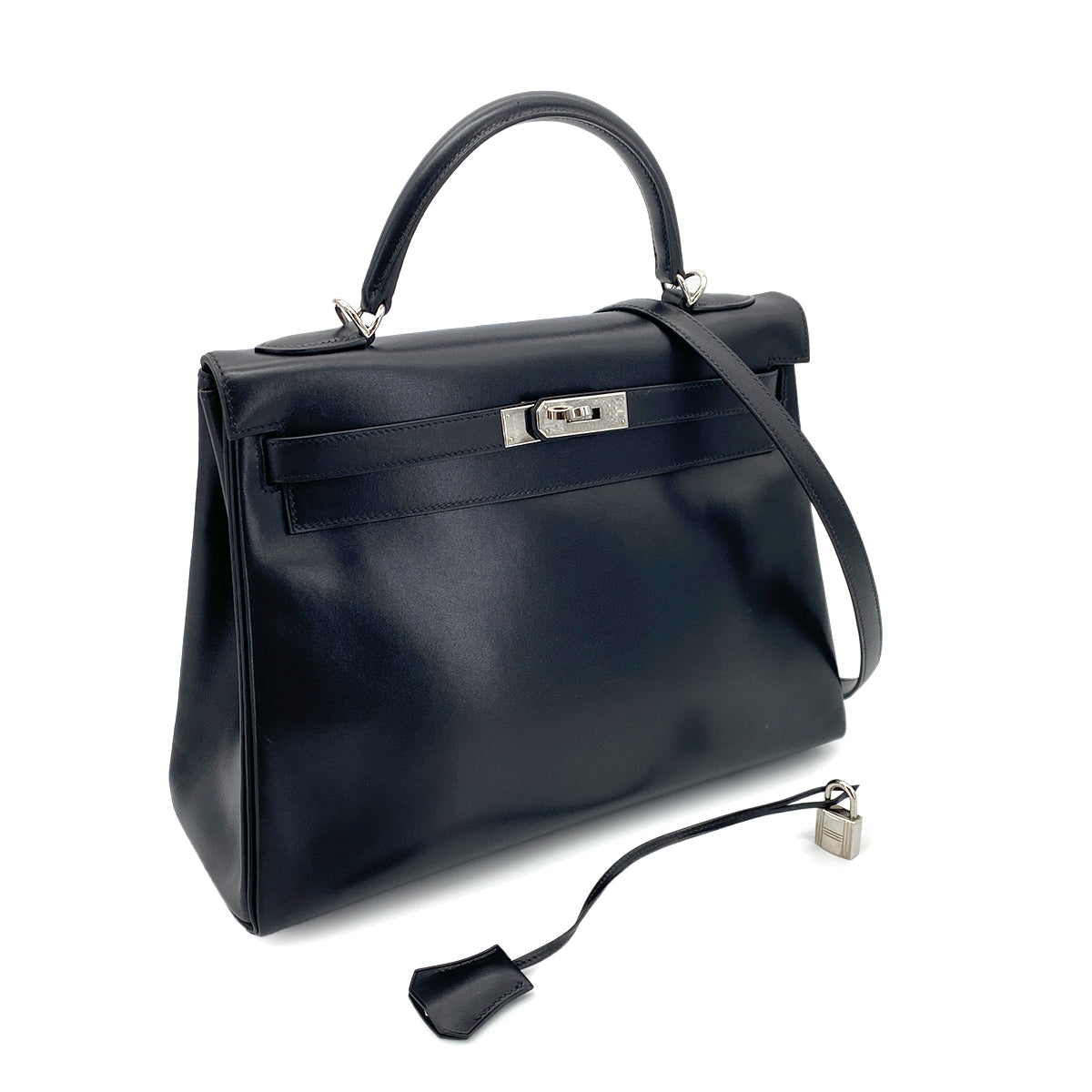 HERMES KELLY 32 RETOURNE BLACK BOXCALF HAND SHOULDER BAG □F SHW 90253756