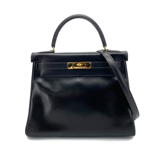HERMES KELLY 28 RETOURNE BLACK BOX CALF HAND BAG 〇U GHW 90253869