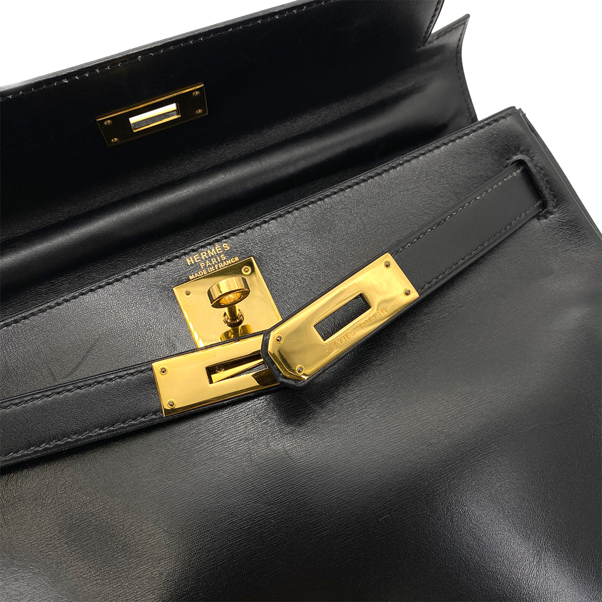 HERMES KELLY 28 RETOURNE BLACK BOX CALF HAND BAG 〇U GHW 90253869