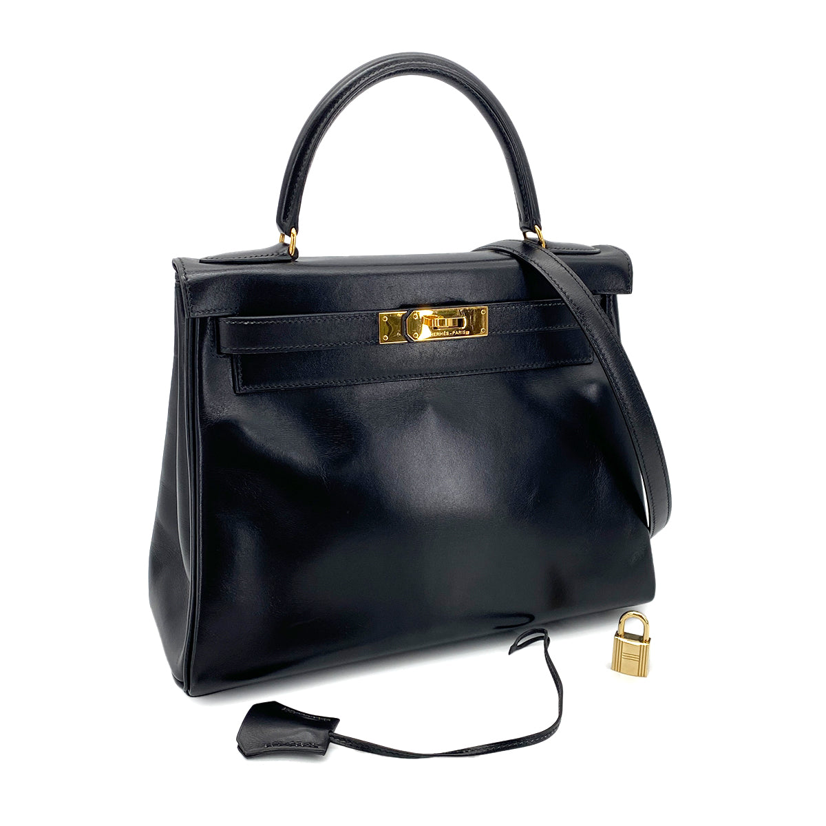 HERMES KELLY 28 RETOURNE BLACK BOX CALF HAND BAG 〇U GHW 90253869