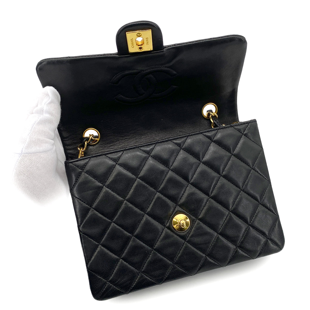 CHANEL VINTAGE MINI SQUARE 20 CHAIN SHOULDER BAG BLACK LAMB SKIN 90254613