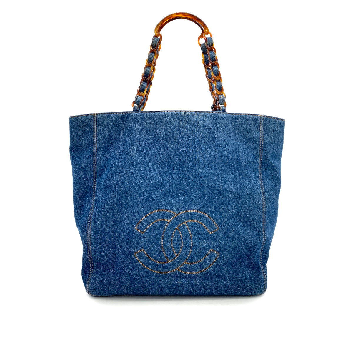 CHANEL VINTAGE DENIM BIG COCO TORTOISESHELL HANDLE CHAIN TOTE BAG 90254618